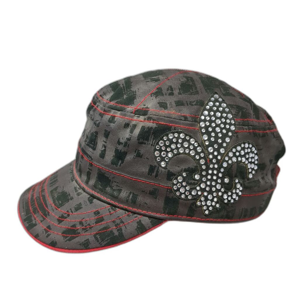 Cruel Girl Army Cap Black One Size Rhinestone Fleur-de-lis Red Stitching Hat